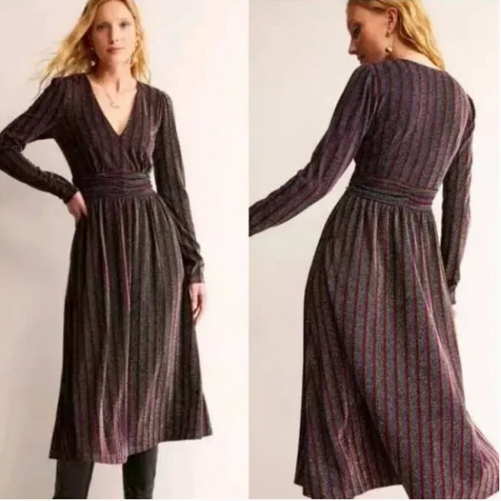 NWT Boden Metallic Burgundy Multi Stripe Long Sleeve Sweater Dress Size 10R